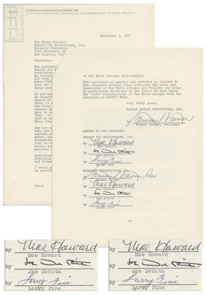 Three Stooges 2pp. Agreement From September 1971 Regarding ''Kook's Tour'' -- Signed Twice by Moe Howard, Larry Fine & Joe DeRita -- With Additional Page Regarding Stooge Cartoons -- Near Fine